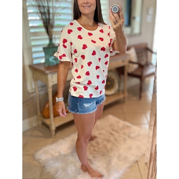 Heart Valentine Round Neck Short Ruffle Flutter Sleeve Top Red White 2522 - Picture 6 of 11